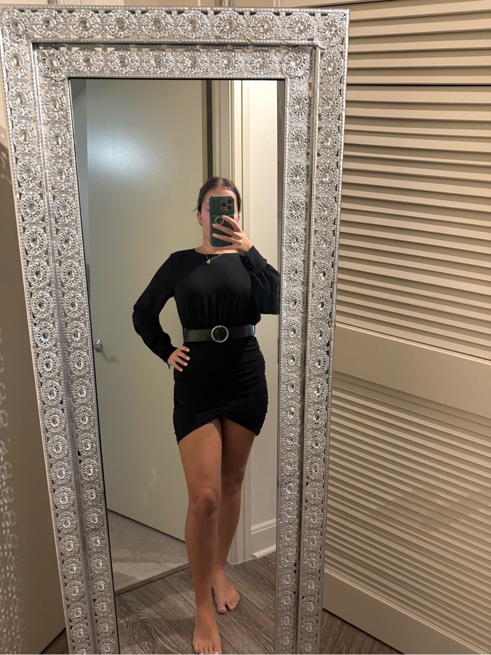 Zara Black Long-Sleeve Ruched Wrap-Front Mini Dress with Belt